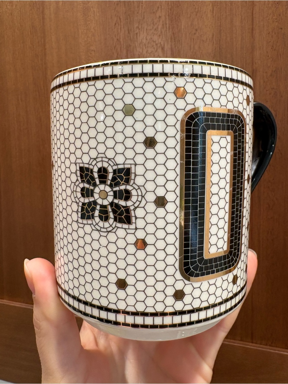 Anthropologie Tiled Margot Monogram Coffee Tea Mug Letter O Black Ivory White - Picture 2 of 6